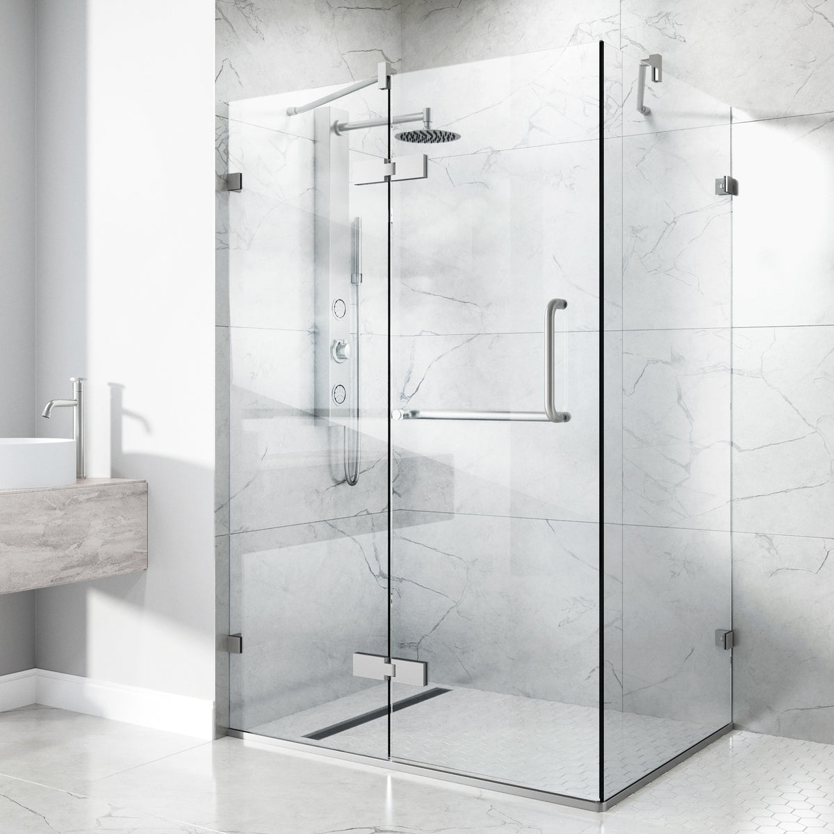Monteray 30 in. L x 38 in. W x 73 in. H Frameless Hinged Rectangle Shower Enclosure and Satro 3-Piece Bath Hardware Set in Brushed Nickel