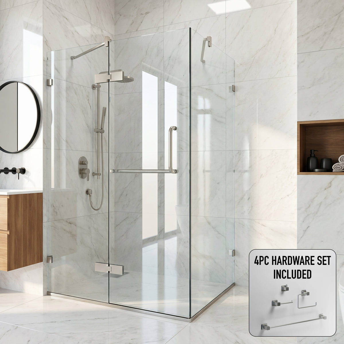 Monteray 30 in. L x 38 in. W x 73 in. H Frameless Hinged Rectangle Shower Enclosure and Meridian 4-Piece Bath Hardware Set in Brushed Nickel