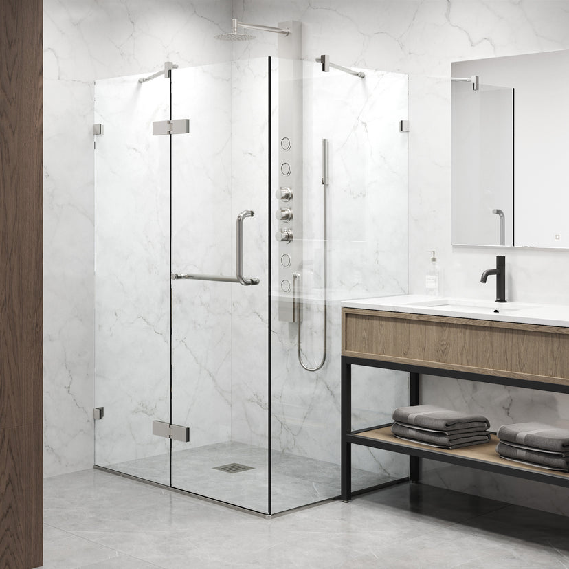 Monteray 30 in. L x 38 in. W x 73 in. H Frameless Hinged Rectangle Shower Enclosure and Meridian 4-Piece Bath Hardware Set in Brushed Nickel
