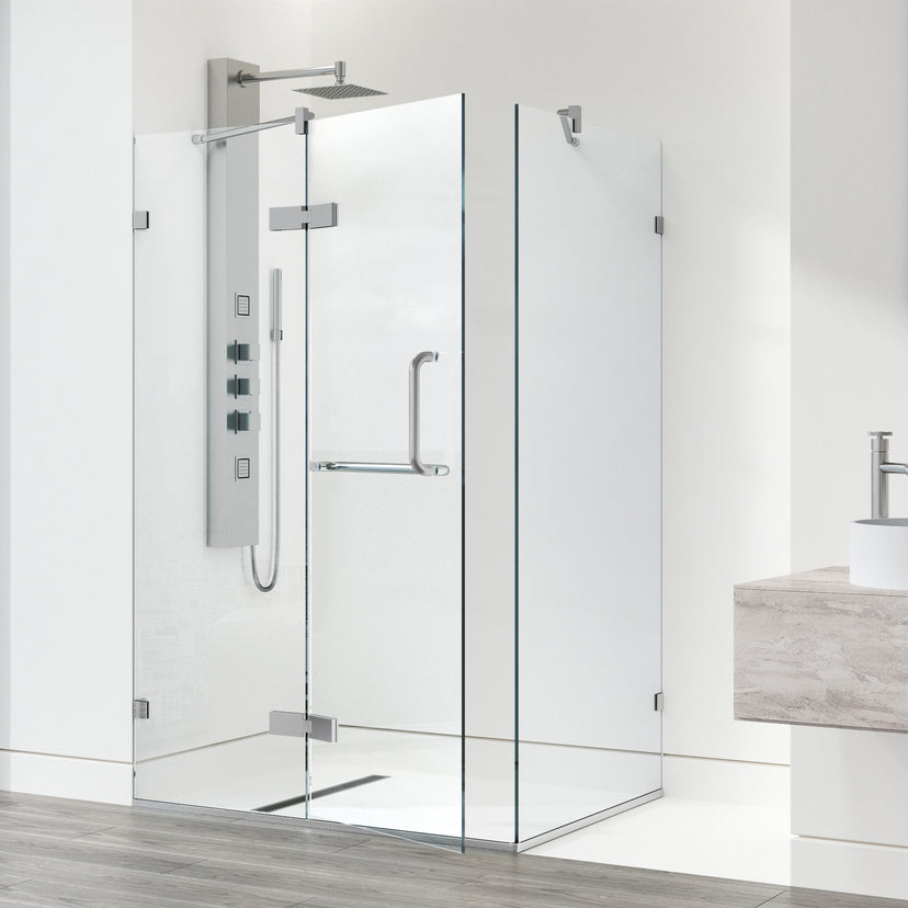 Monteray 30 in. L x 38 in. W x 73 in. H Frameless Hinged Rectangle Shower Enclosure and Meridian 4-Piece Bath Hardware Set in Brushed Nickel