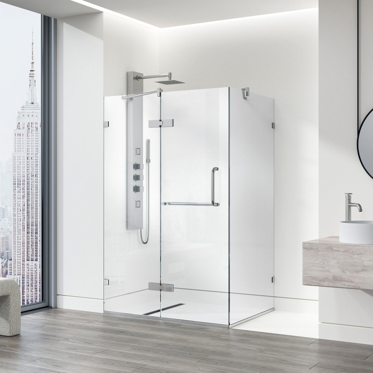Monteray 30 in. L x 38 in. W x 73 in. H Frameless Hinged Rectangle Shower Enclosure and Meridian 4-Piece Bath Hardware Set in Brushed Nickel
