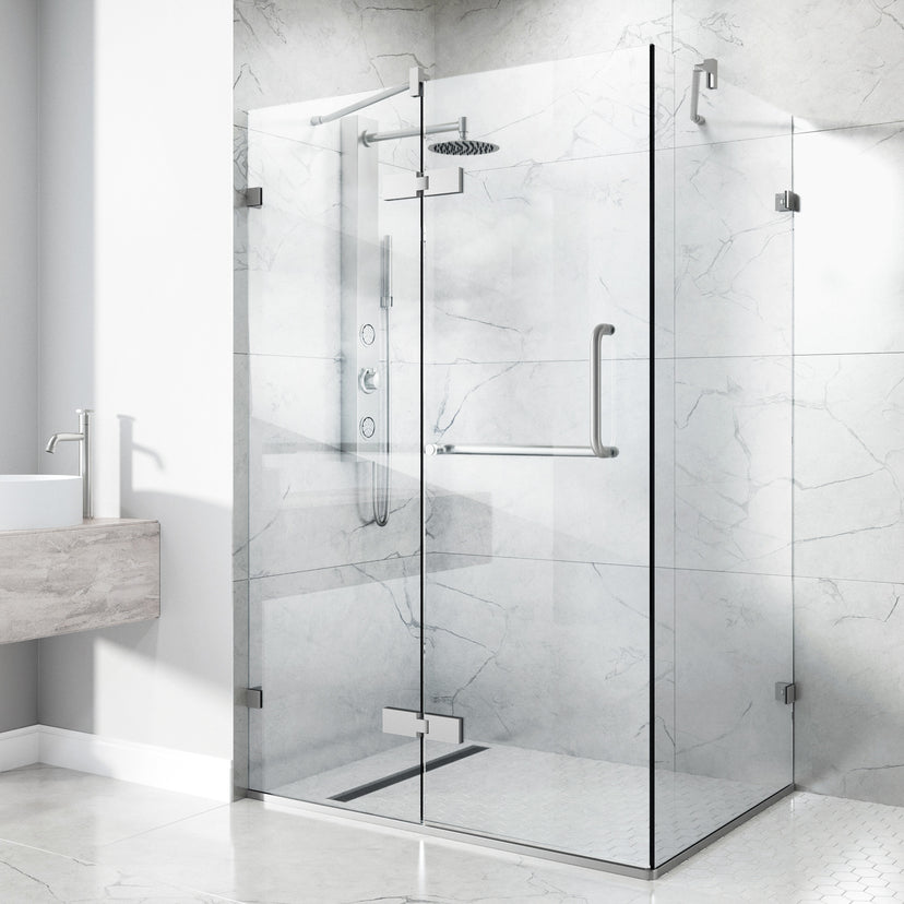 Monteray 30 in. L x 38 in. W x 73 in. H Frameless Hinged Rectangle Shower Enclosure and Meridian 4-Piece Bath Hardware Set in Brushed Nickel