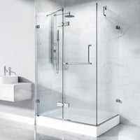 Brushed nickel frameless shower with double hinged door