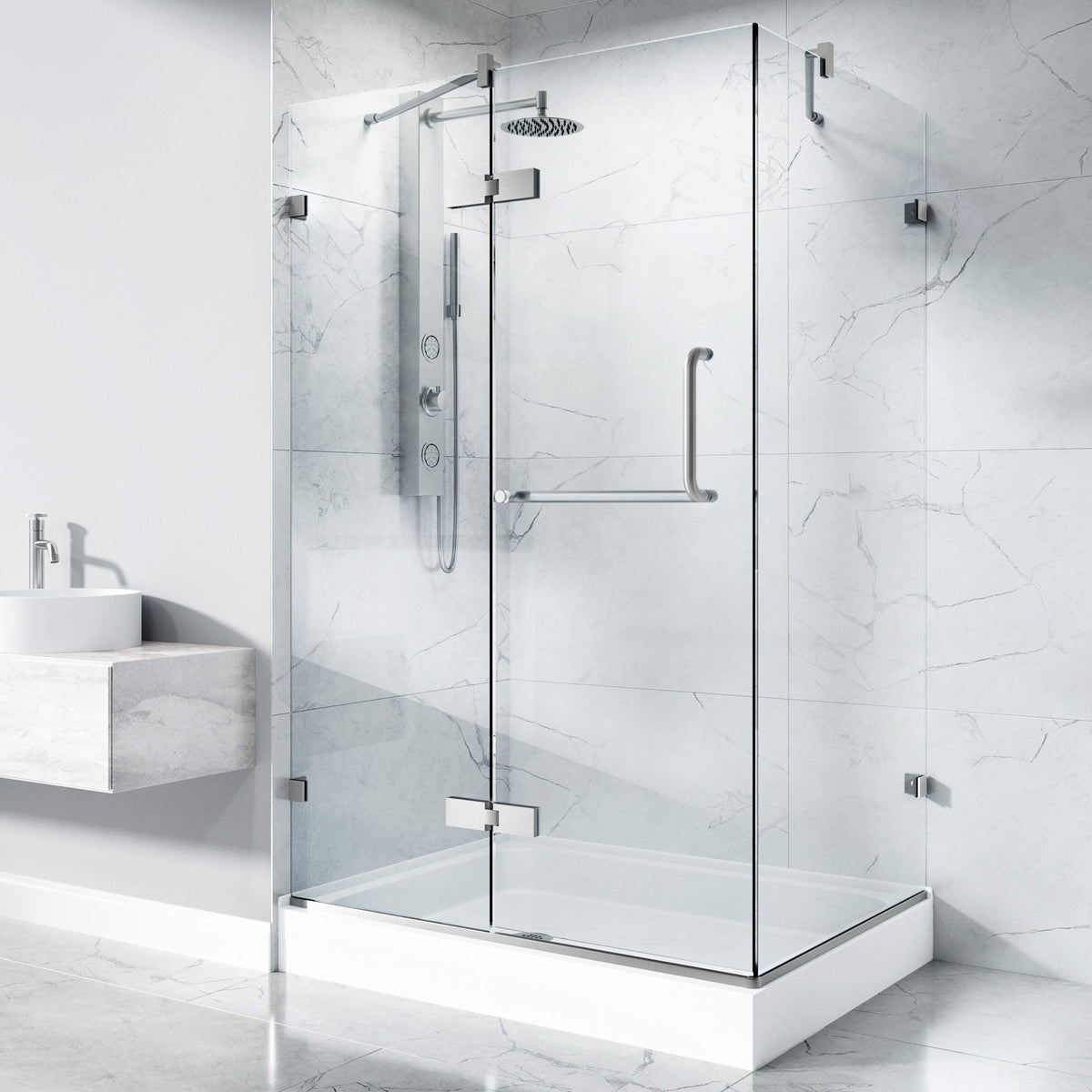 Brushed nickel frameless shower with double hinged door
