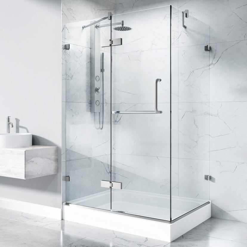Brushed nickel frameless shower with double hinged door
