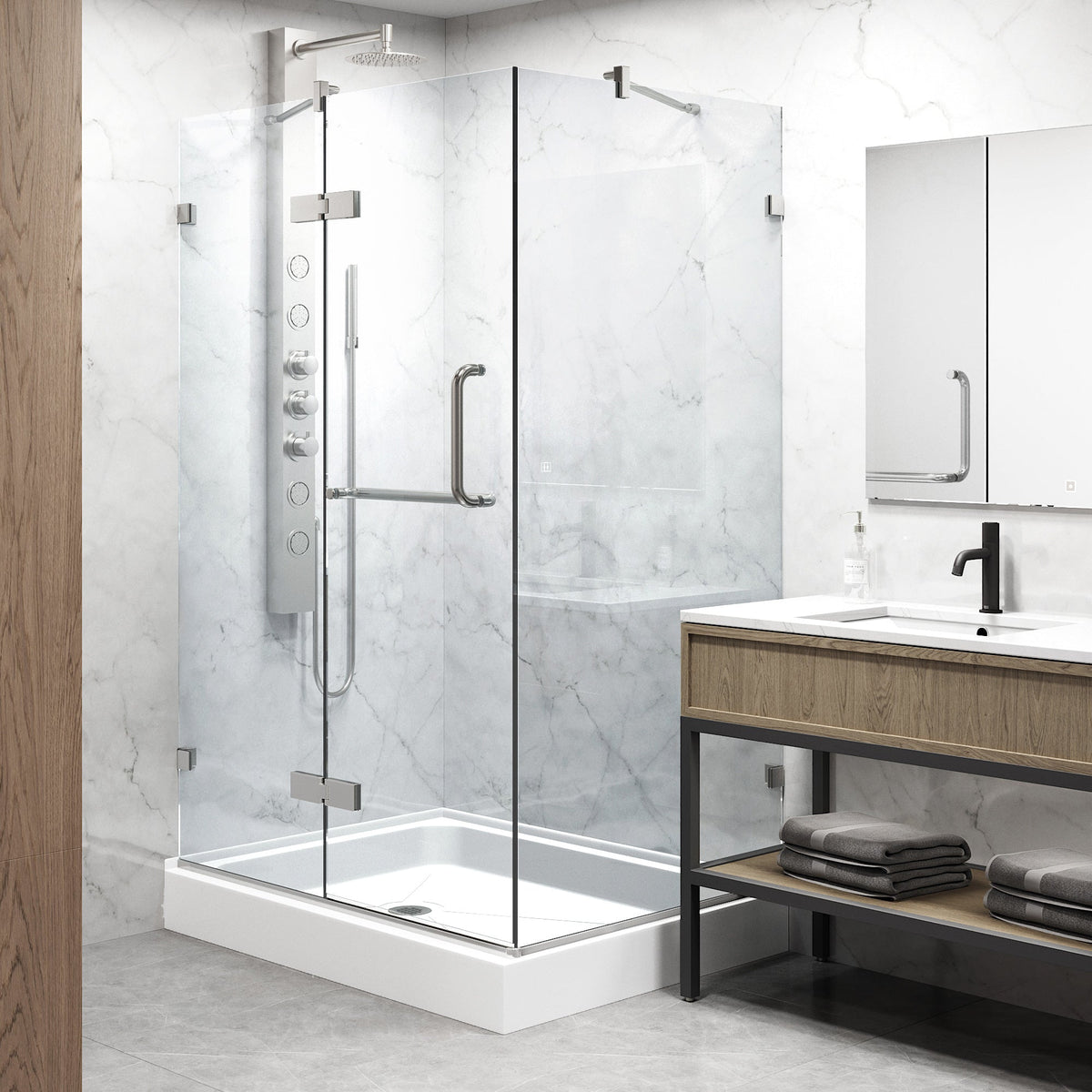 Frameless shower enclosure with included base and mounting hardware