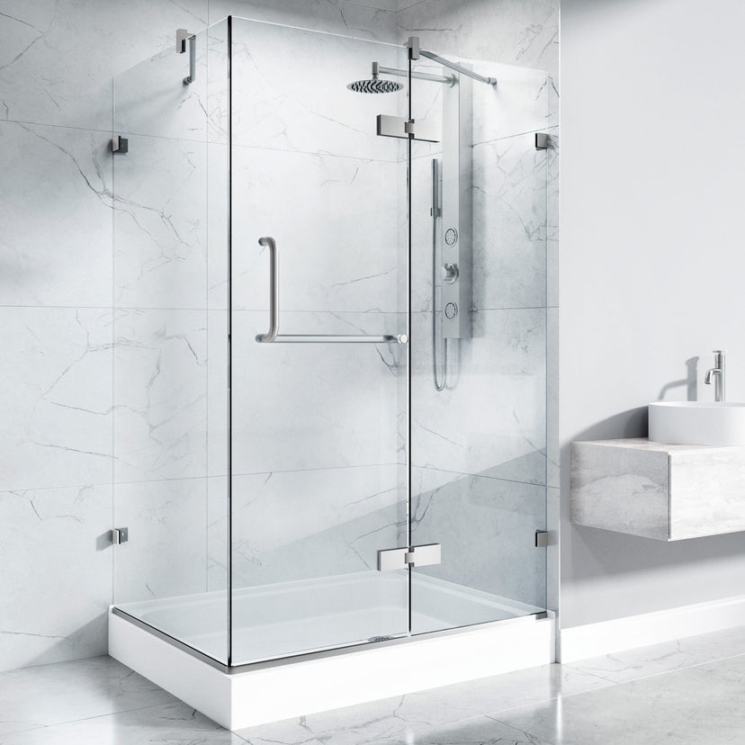 Brushed nickel frameless shower with double hinged door