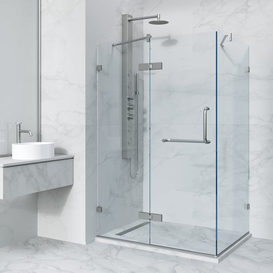 Brushed nickel frameless shower door with double hinged design
