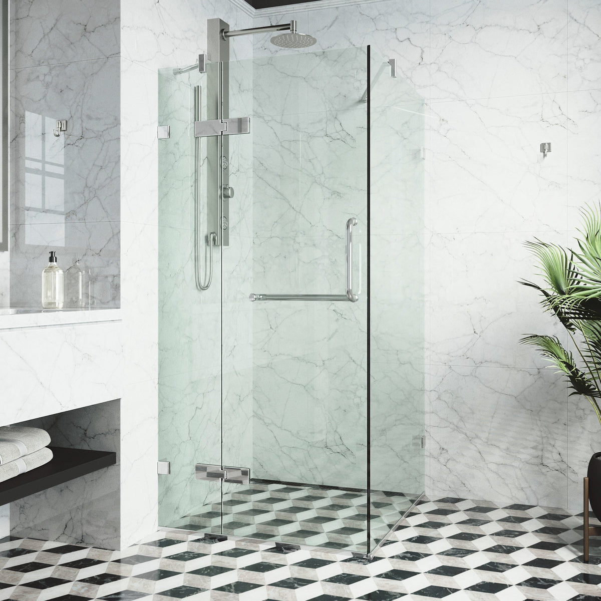 Modern shower door with double hinged design and bar handle