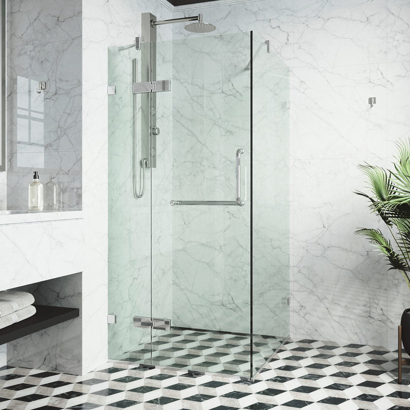 Modern shower door with double hinged design and bar handle