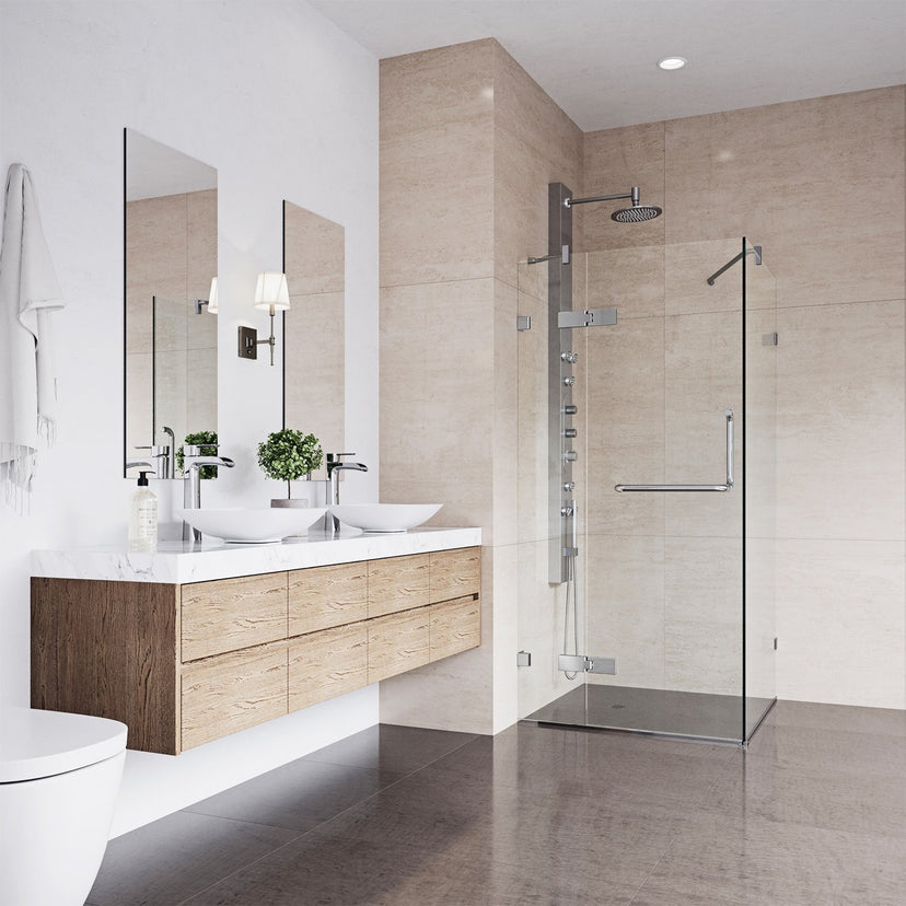 Clear glass shower door with towel bar and chrome finish