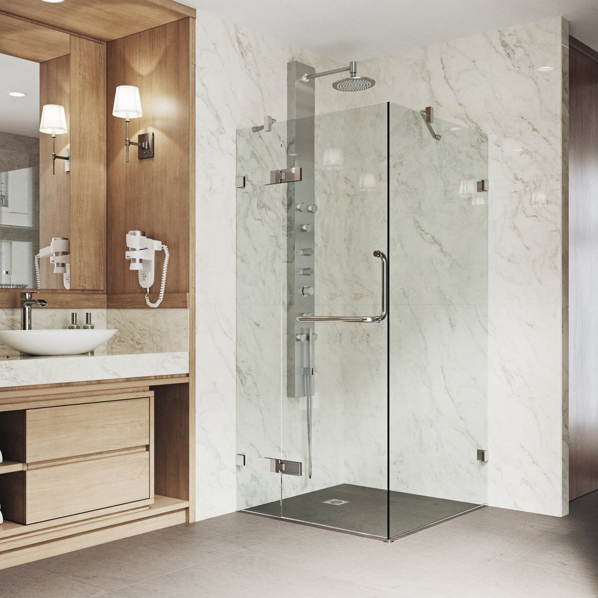 Reversible hinged shower door with tempered safety glass
