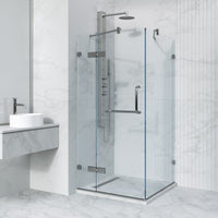 Chrome frameless shower enclosure with tempered clear glass