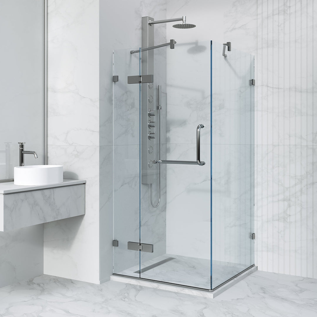 Chrome frameless shower enclosure with tempered clear glass
