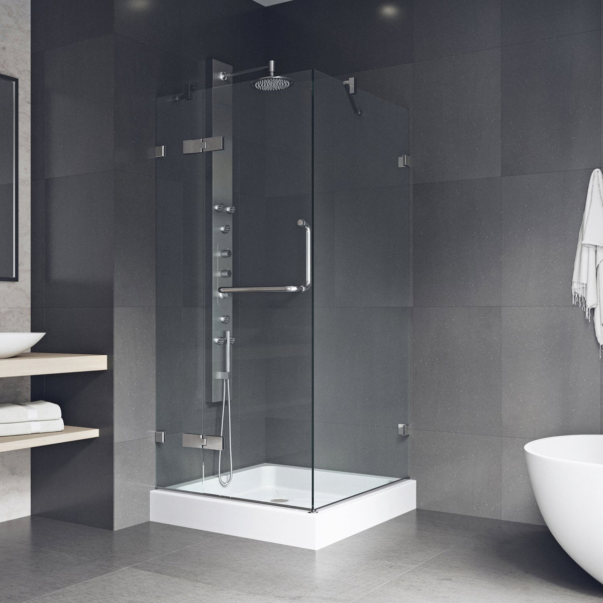 Tempered glass shower door with stainless steel hardware