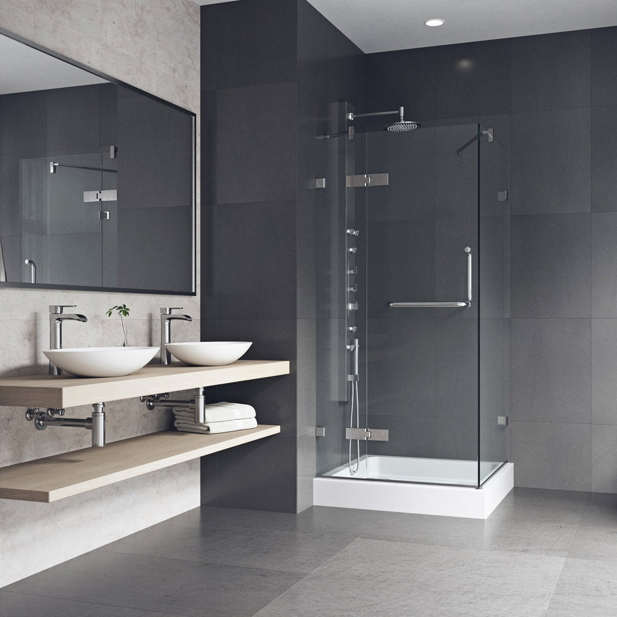 Frameless shower with included base and slip-resistant flooring