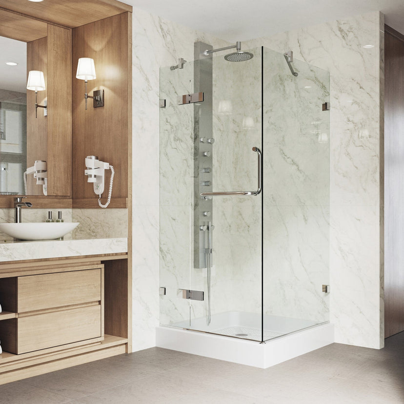 Chrome finish shower door with bar handle and clear glass