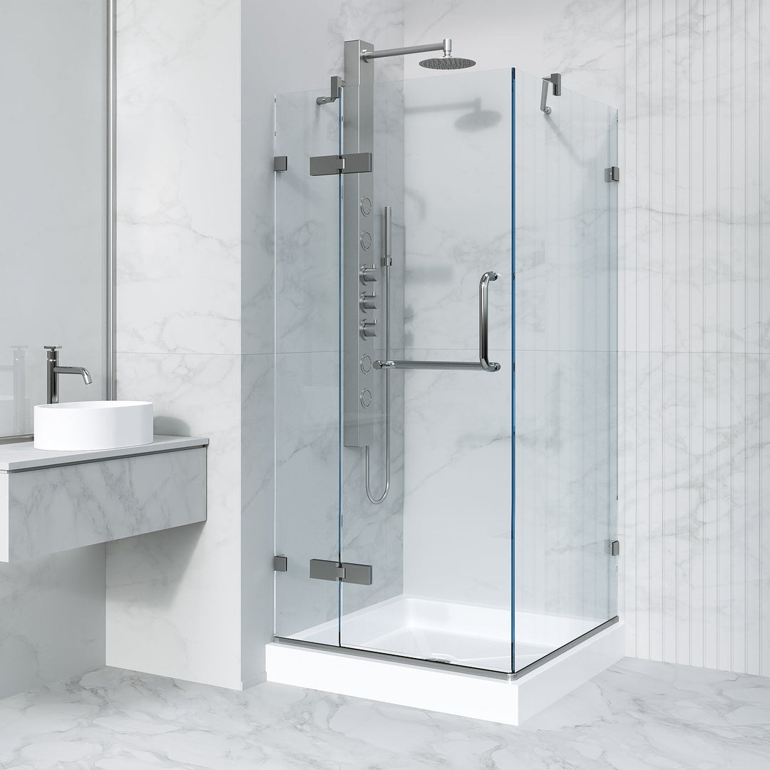 Chrome shower enclosure with base and slip-resistant floor
