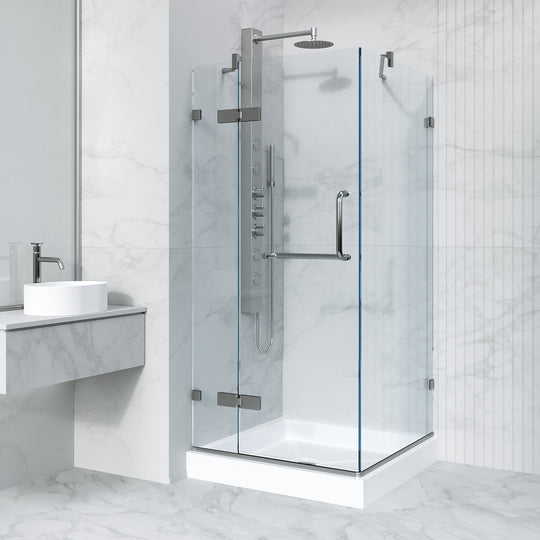Chrome shower enclosure with base and slip-resistant floor