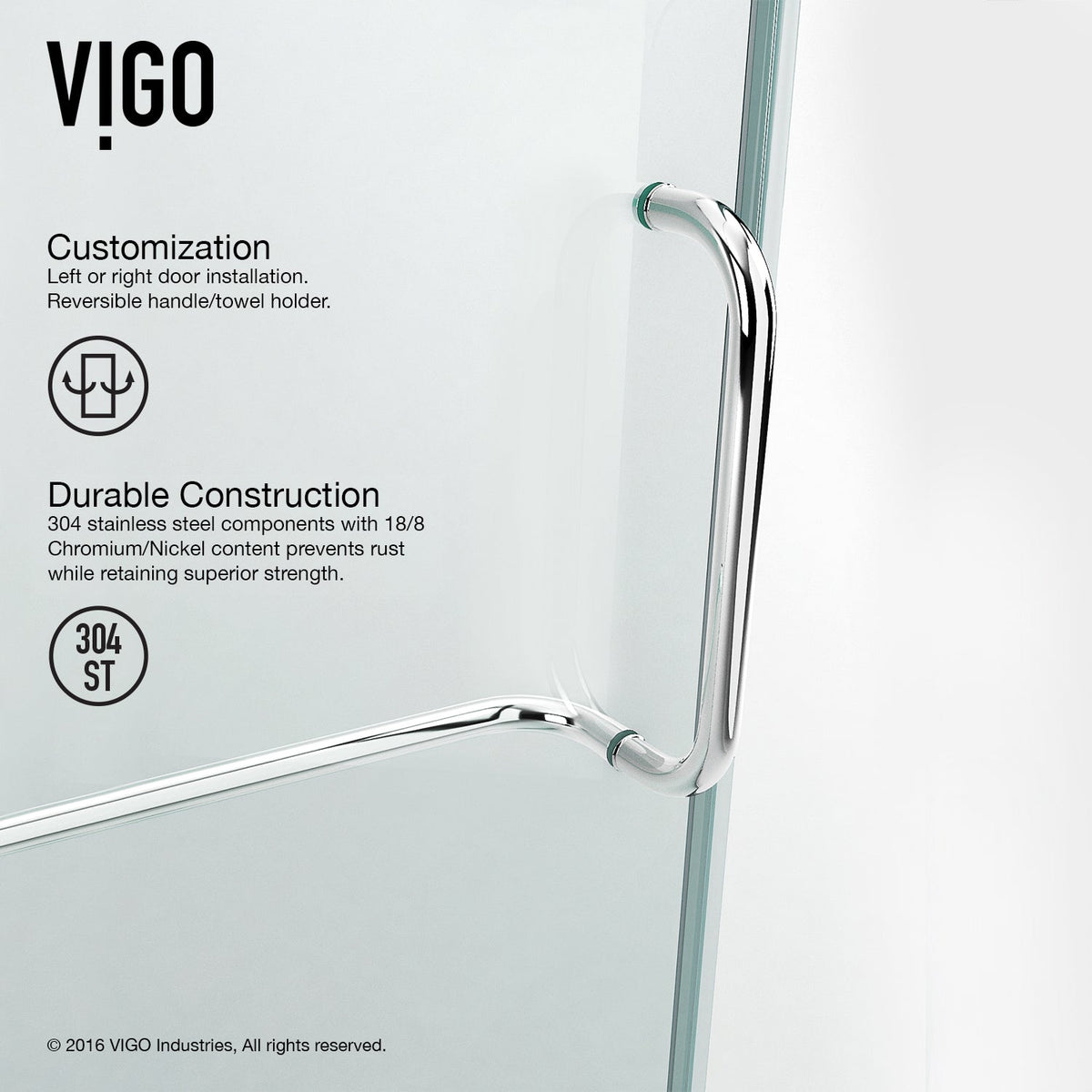 Tempered glass shower with reversible door installation