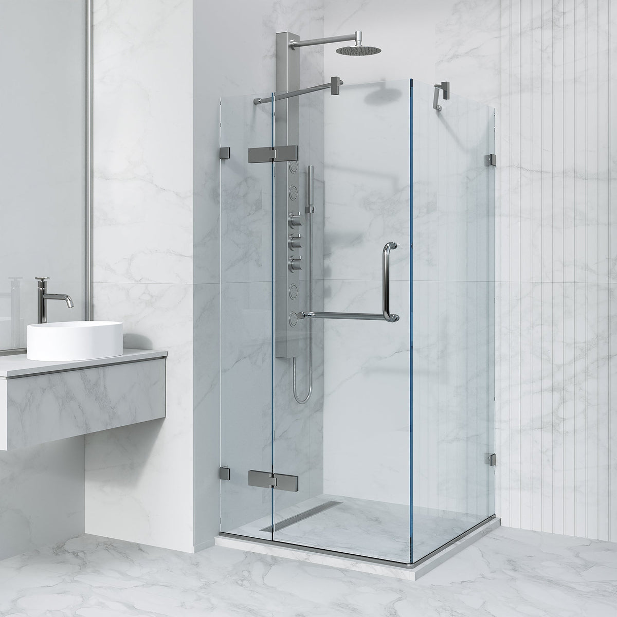 Chrome shower enclosure with double hinged door