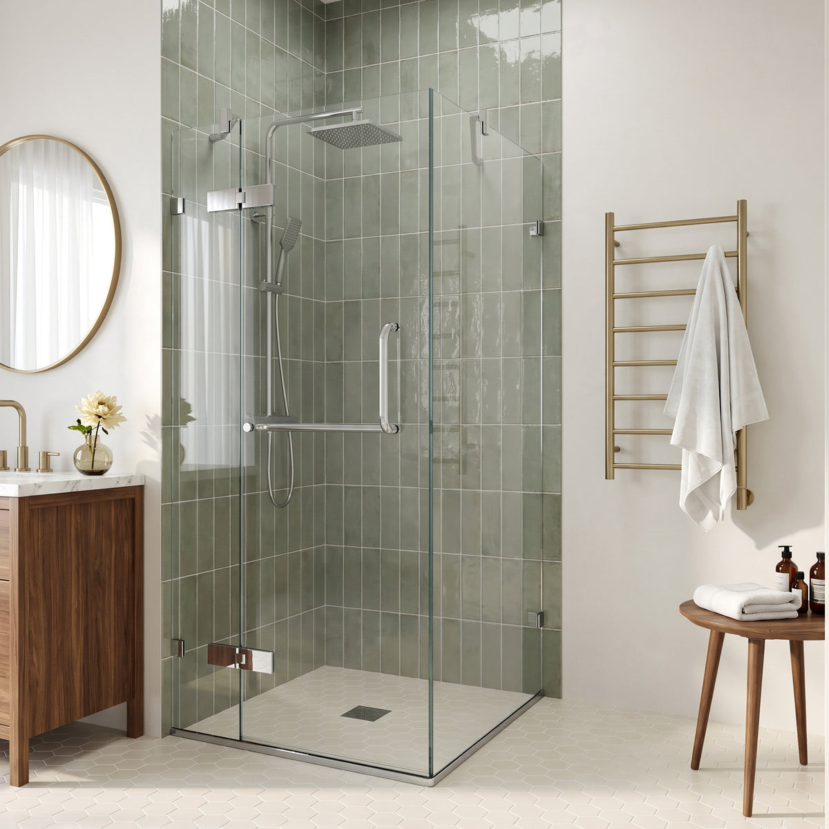 Monteray 34 in. L x 34 in. W x 73 in. H Frameless Hinged Square Shower Enclosure and Elan 24 in. Linear Shower Drain in Chrome