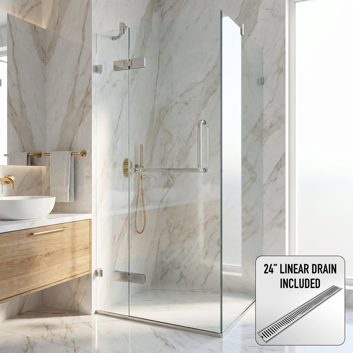Monteray 34 in. L x 34 in. W x 73 in. H Frameless Hinged Square Shower Enclosure and Elan 24 in. Linear Shower Drain in Chrome