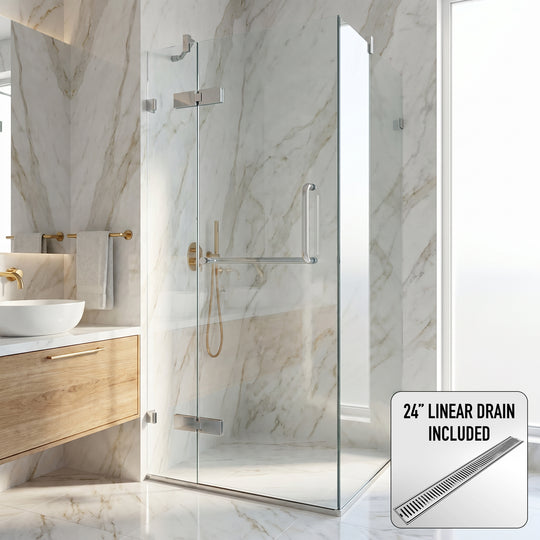 Monteray 34 in. L x 34 in. W x 73 in. H Frameless Hinged Square Shower Enclosure and Elan 24 in. Linear Shower Drain in Chrome