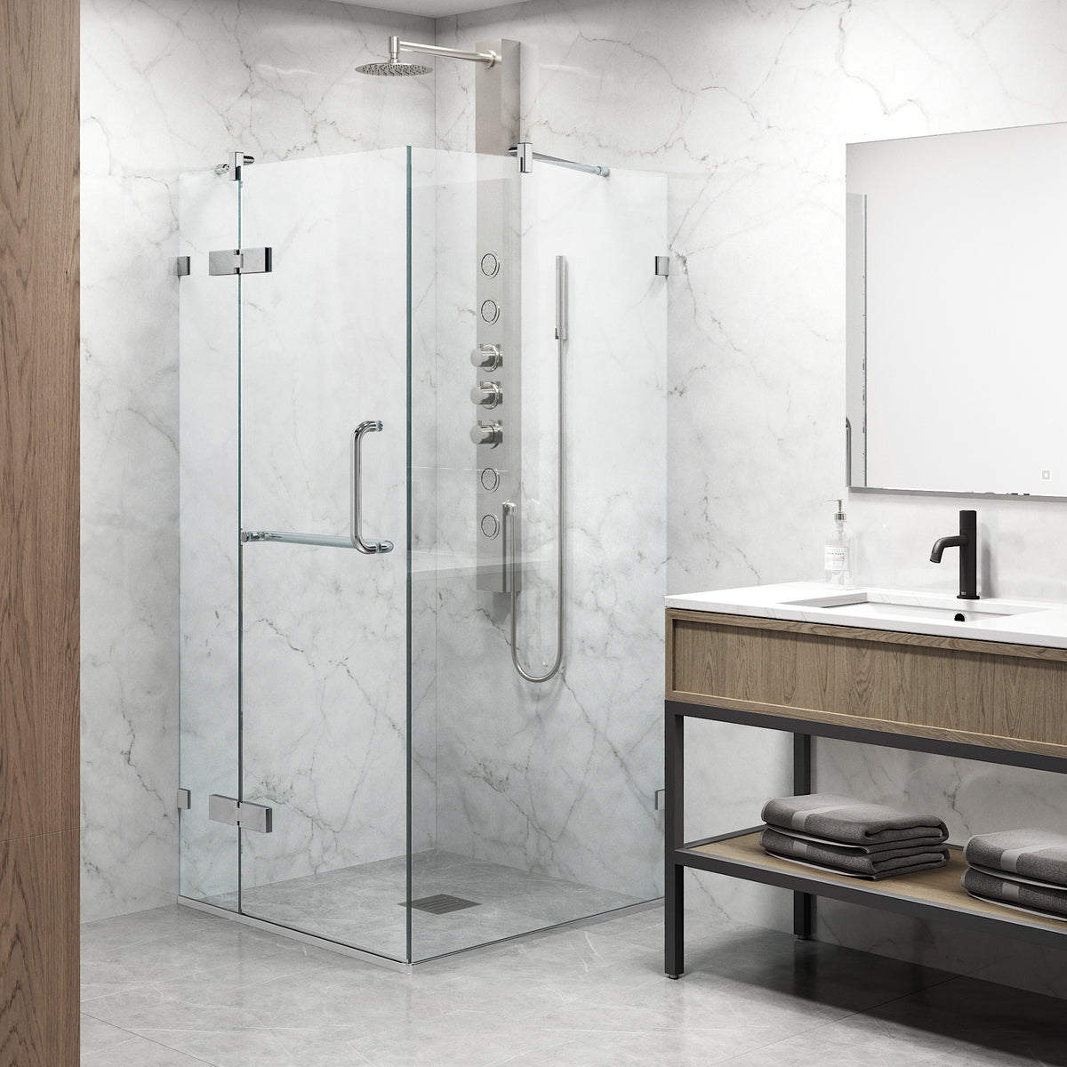 Monteray 34 in. L x 34 in. W x 73 in. H Frameless Hinged Square Shower Enclosure and Elan 24 in. Linear Shower Drain in Chrome