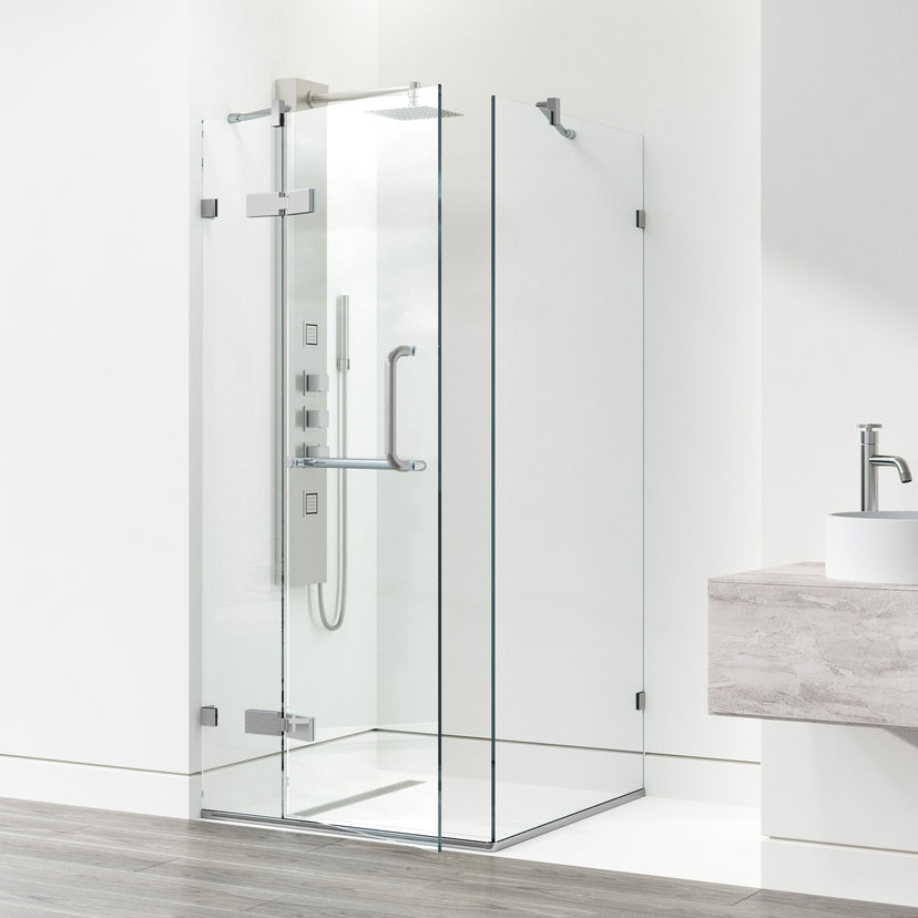 Monteray 34 in. L x 34 in. W x 73 in. H Frameless Hinged Square Shower Enclosure and Elan 24 in. Linear Shower Drain in Chrome