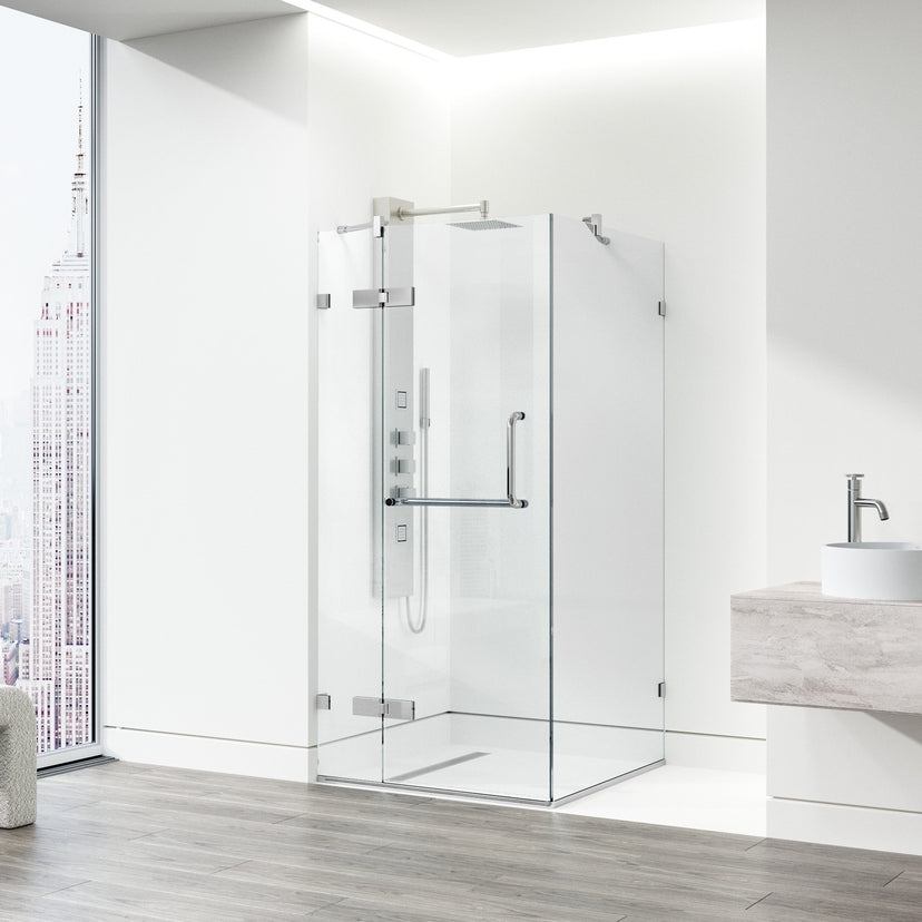 Monteray 34 in. L x 34 in. W x 73 in. H Frameless Hinged Square Shower Enclosure and Elan 24 in. Linear Shower Drain in Chrome