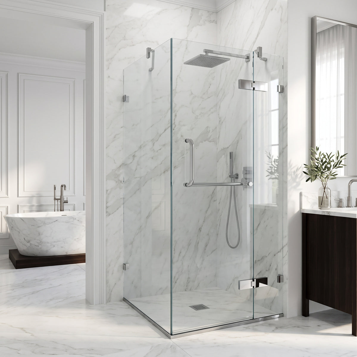 Monteray 34 in. L x 34 in. W x 73 in. H Frameless Hinged Square Shower Enclosure and Elan 24 in. Linear Shower Drain in Chrome