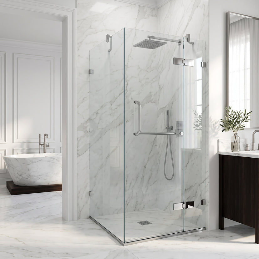 Monteray 34 in. L x 34 in. W x 73 in. H Frameless Hinged Square Shower Enclosure and Elan 24 in. Linear Shower Drain in Chrome