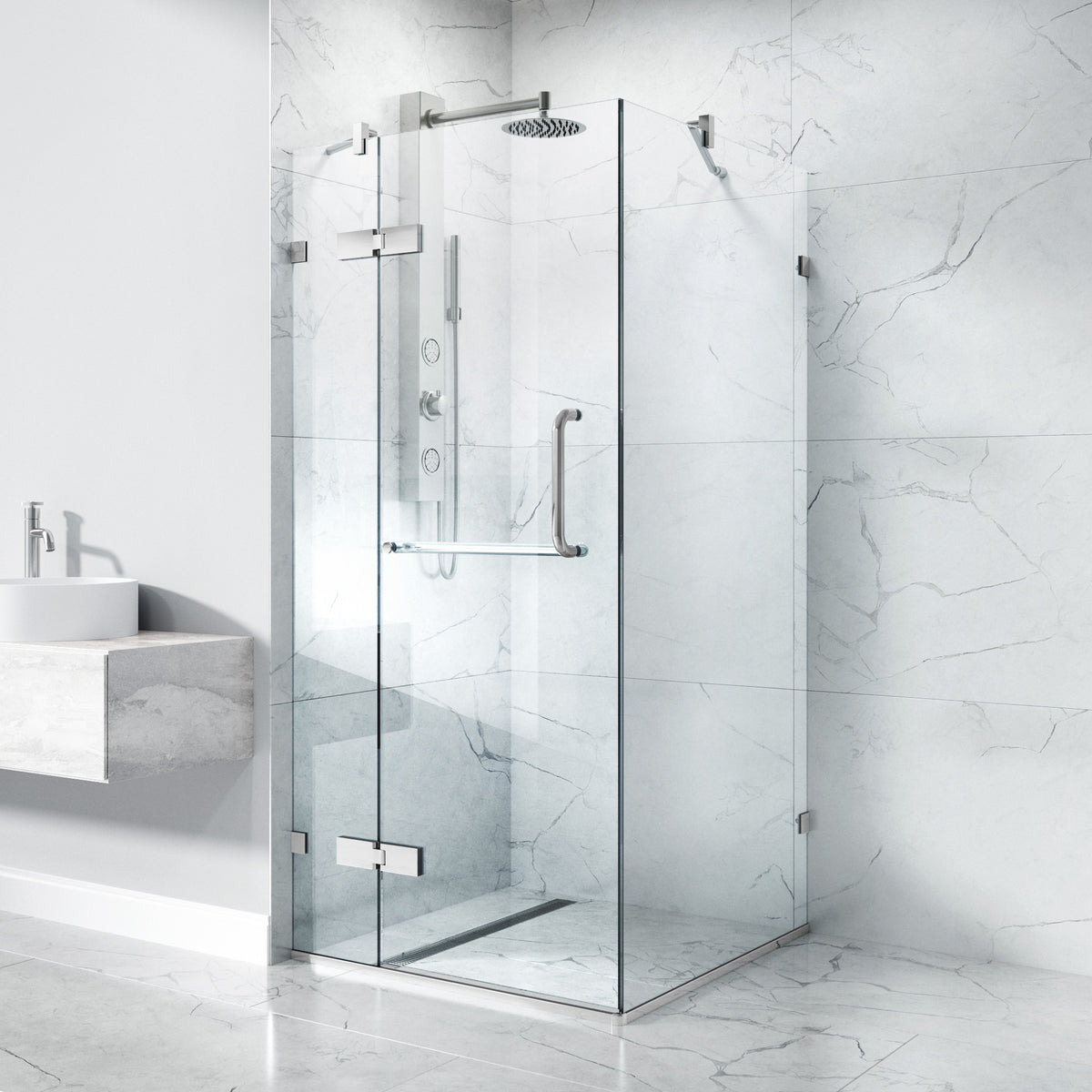 Monteray 34 in. L x 34 in. W x 73 in. H Frameless Hinged Square Shower Enclosure and Elan 24 in. Linear Shower Drain in Chrome