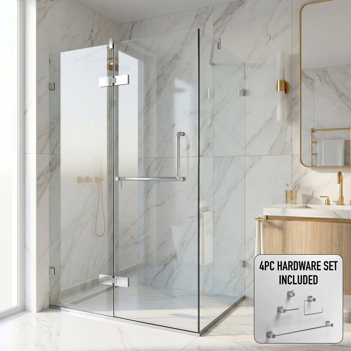 Monteray 30 in. L x 38 in. W x 73 in. H Frameless Hinged Rectangle Shower Enclosure and Meridian 4-Piece Bath Hardware Set in Chrome