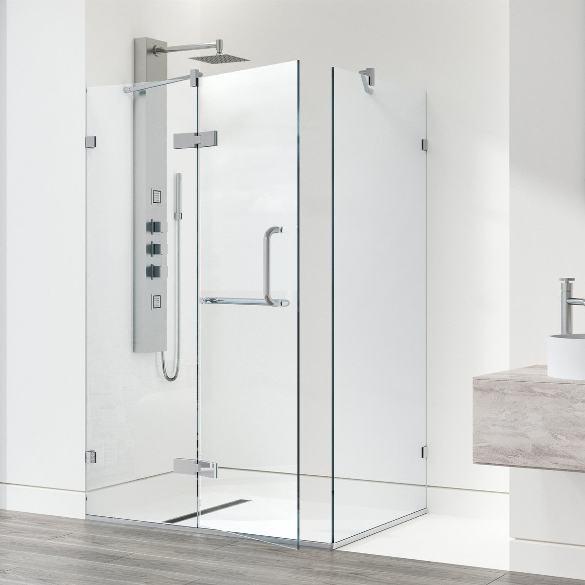 Monteray 30 in. L x 38 in. W x 73 in. H Frameless Hinged Rectangle Shower Enclosure and Meridian 4-Piece Bath Hardware Set in Chrome