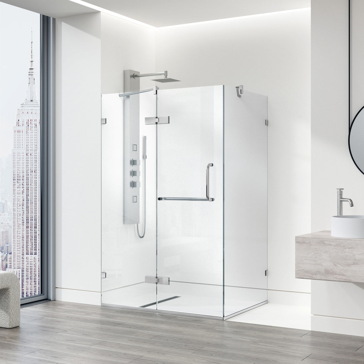 Monteray 30 in. L x 38 in. W x 73 in. H Frameless Hinged Rectangle Shower Enclosure and Meridian 4-Piece Bath Hardware Set in Chrome