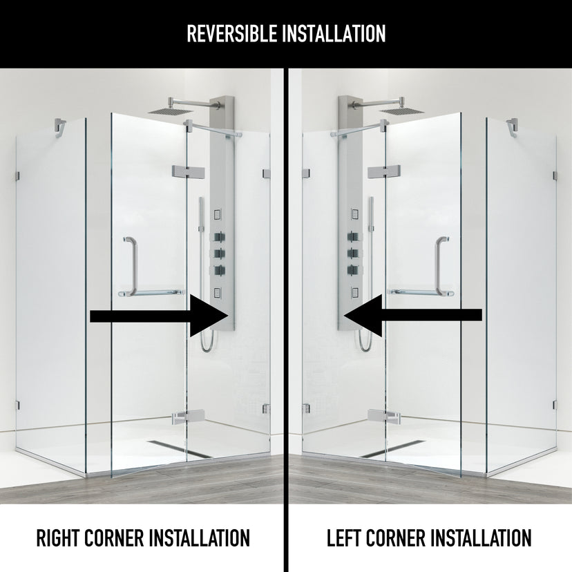 Monteray 30 in. L x 38 in. W x 73 in. H Frameless Hinged Rectangle Shower Enclosure and Meridian 4-Piece Bath Hardware Set in Chrome