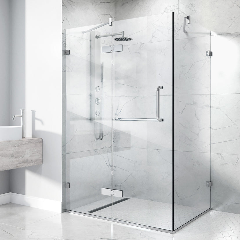 Monteray 30 in. L x 38 in. W x 73 in. H Frameless Hinged Rectangle Shower Enclosure and Meridian 4-Piece Bath Hardware Set in Chrome