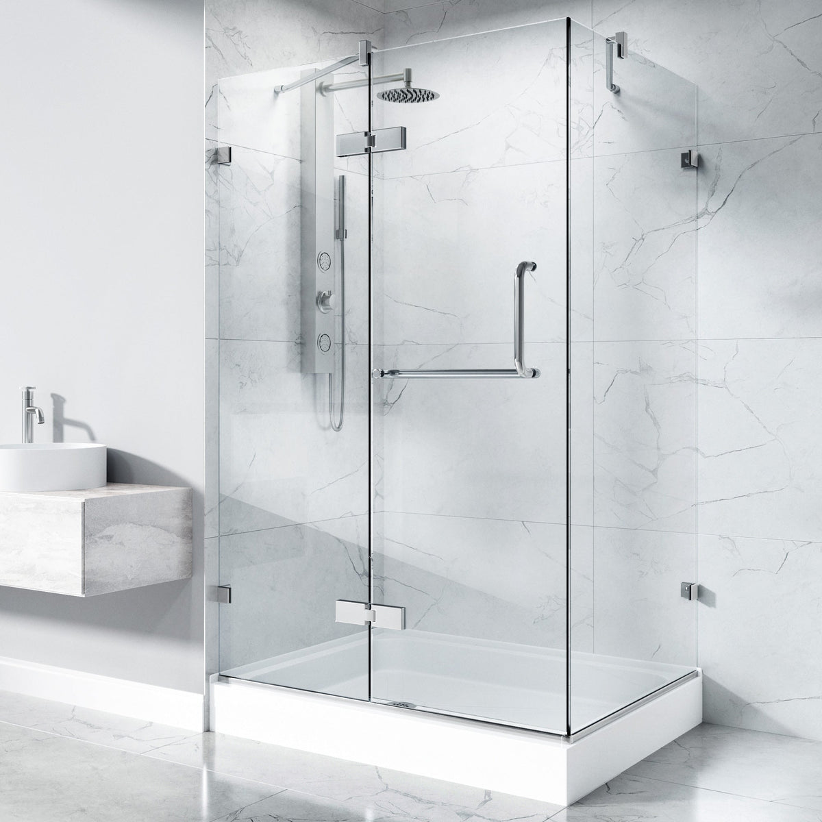 Chrome frameless shower with double hinged door
