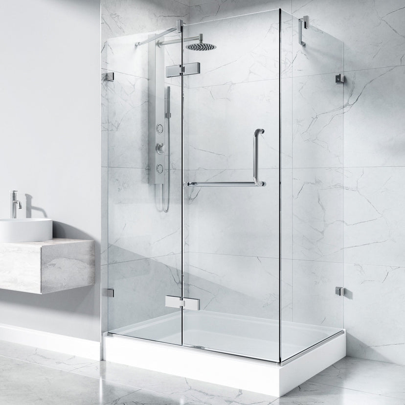 Chrome frameless shower with double hinged door