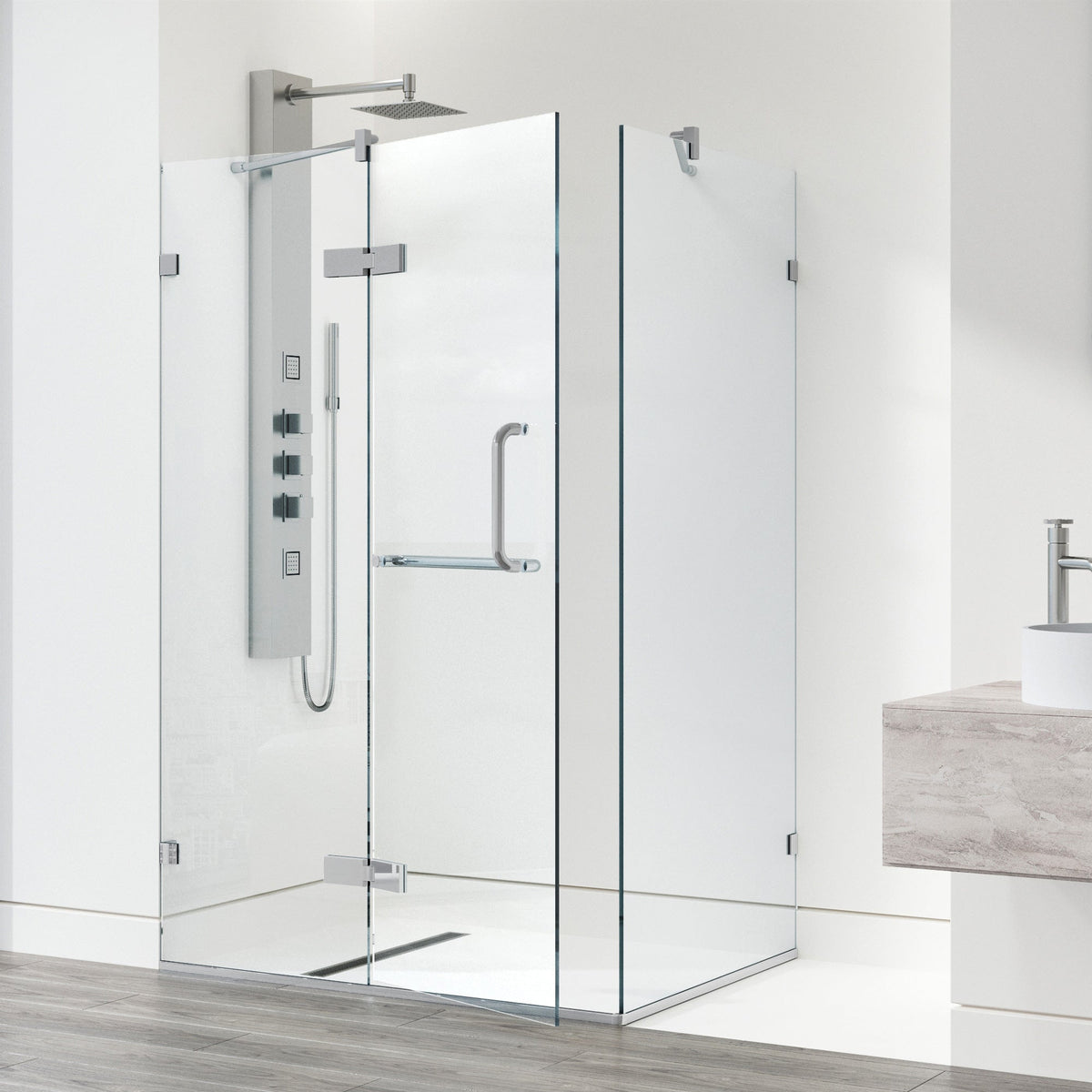 Contemporary shower with reversible door installation