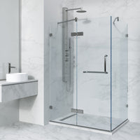 Chrome frameless shower door with double hinged design