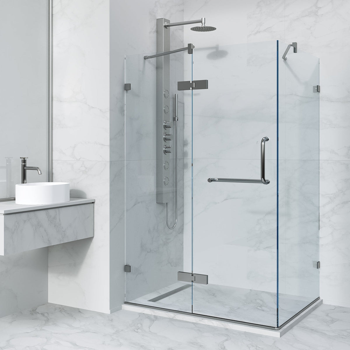 Chrome frameless shower door with double hinged design