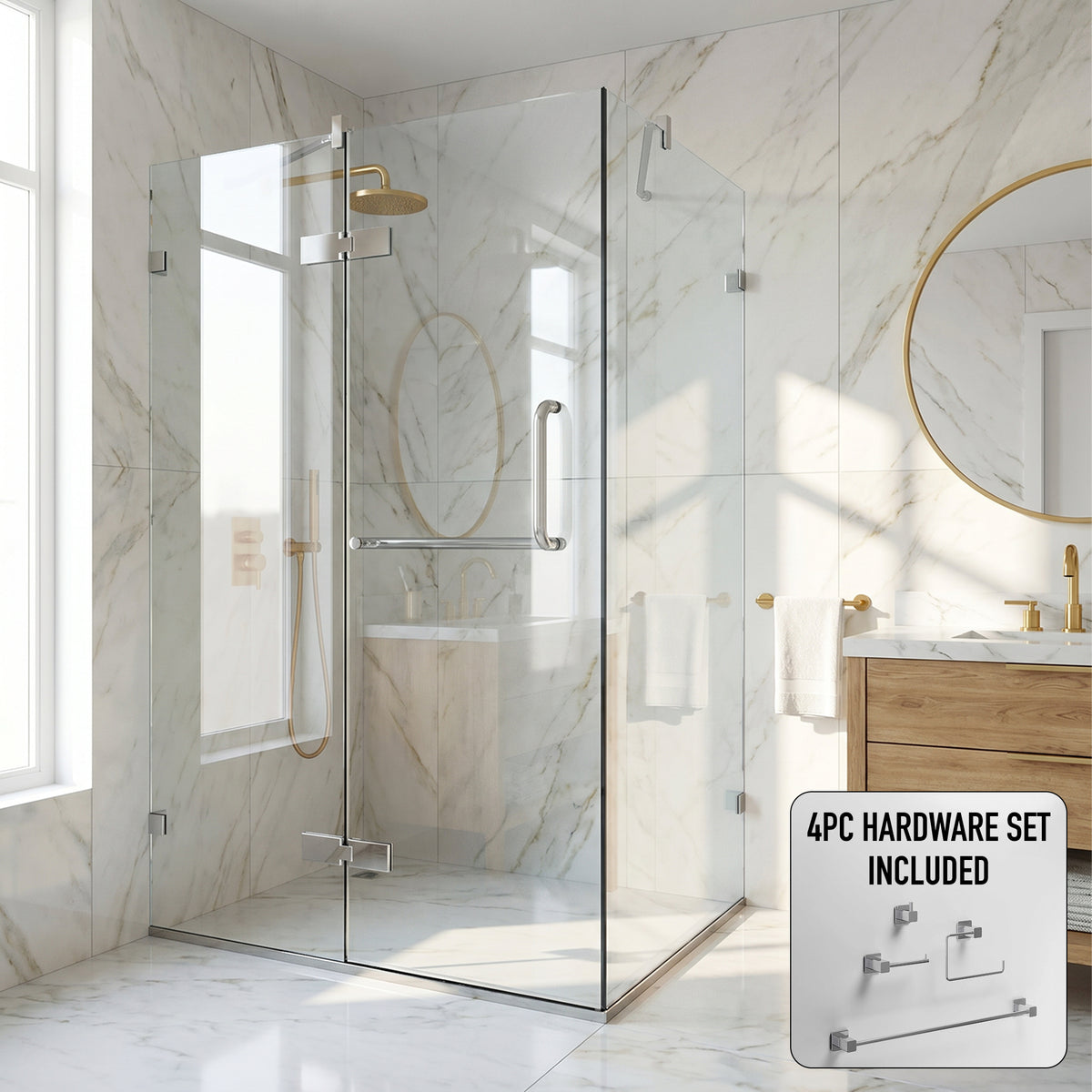 Monteray 30 in. L x 46 in. W x 73 in. H Frameless Hinged Rectangle Shower Enclosure and Meridian 4-Piece Bath Hardware Set in Chrome