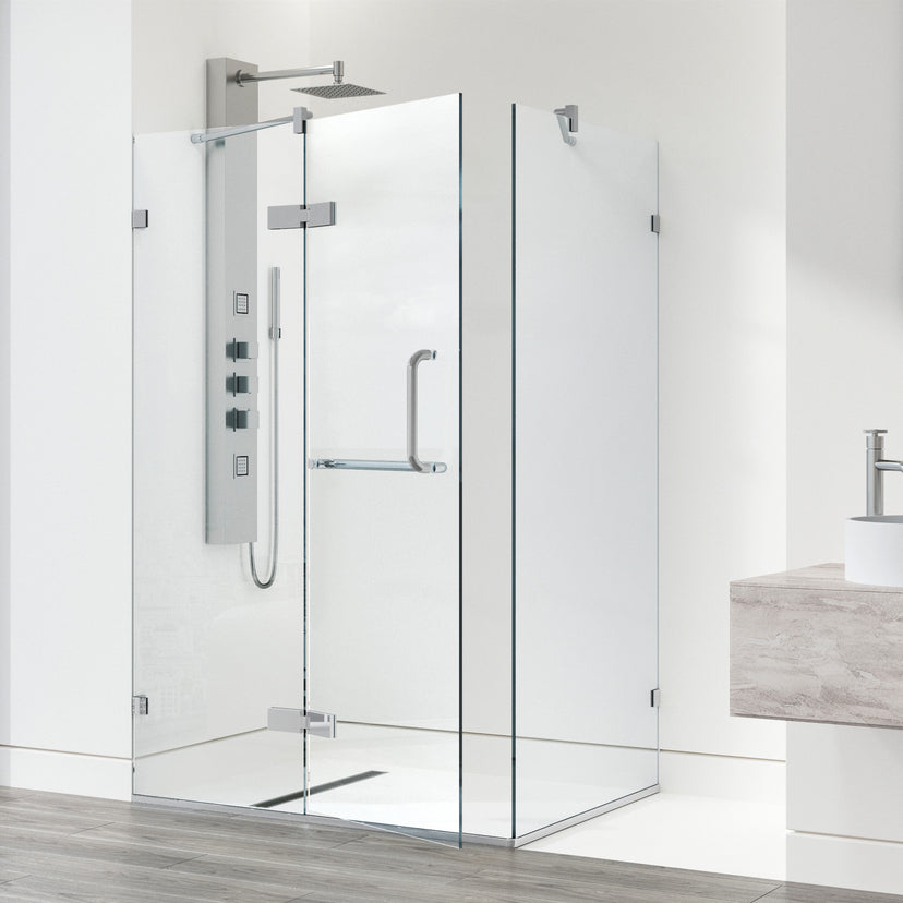 Monteray 30 in. L x 46 in. W x 73 in. H Frameless Hinged Rectangle Shower Enclosure and Meridian 4-Piece Bath Hardware Set in Chrome