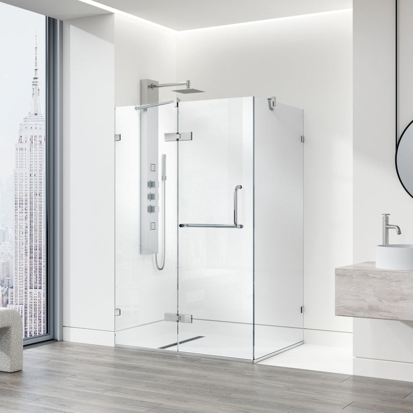 Monteray 30 in. L x 46 in. W x 73 in. H Frameless Hinged Rectangle Shower Enclosure and Meridian 4-Piece Bath Hardware Set in Chrome
