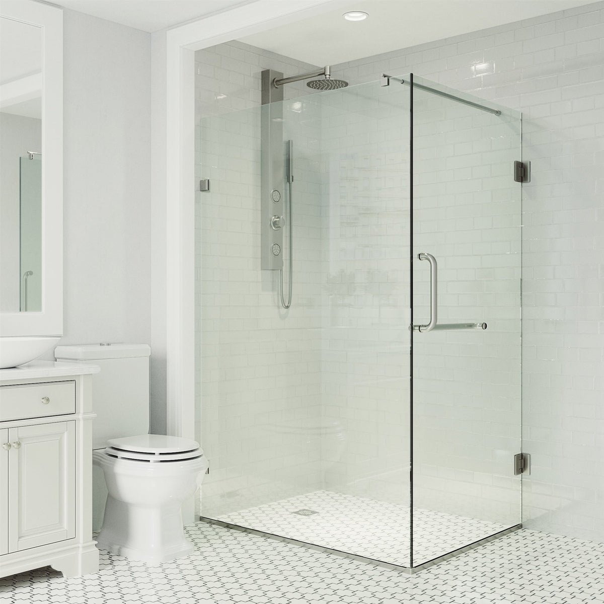 Modern shower enclosure with reversible hinged door and towel bar in brushed nickel finish
