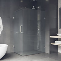 Double hinged shower door with reversible installation and brushed nickel finish