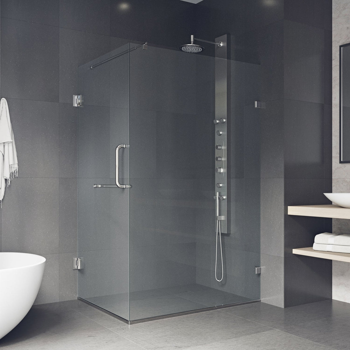 Double hinged shower door with reversible installation and brushed nickel finish